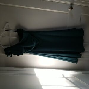Green, one shoulder dress.